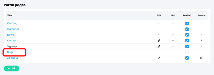 Admin, Portal, Visitor view tab, Portal pages section with the Blog page highlighted