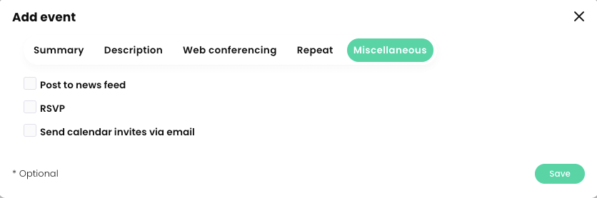 Add event pop-up for the monthly calendar showing the Miscellaneous tab