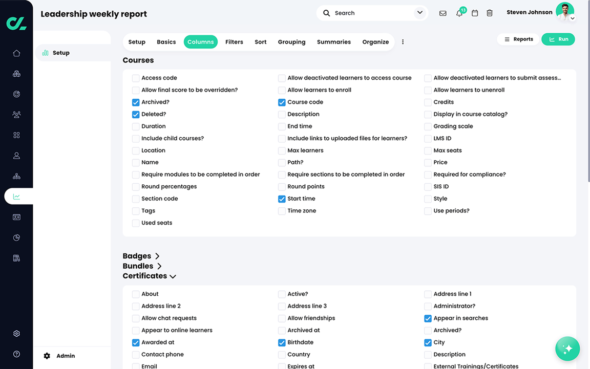 Custom report, Setup tab, Columns tab