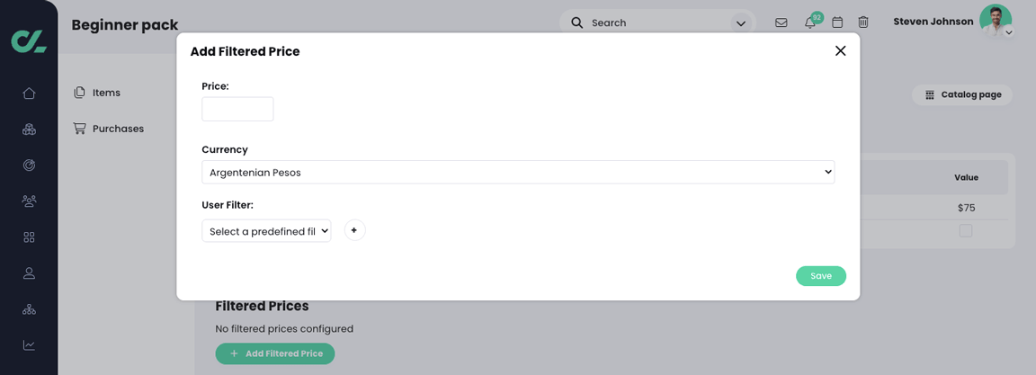 Add Filtered Price pop-up