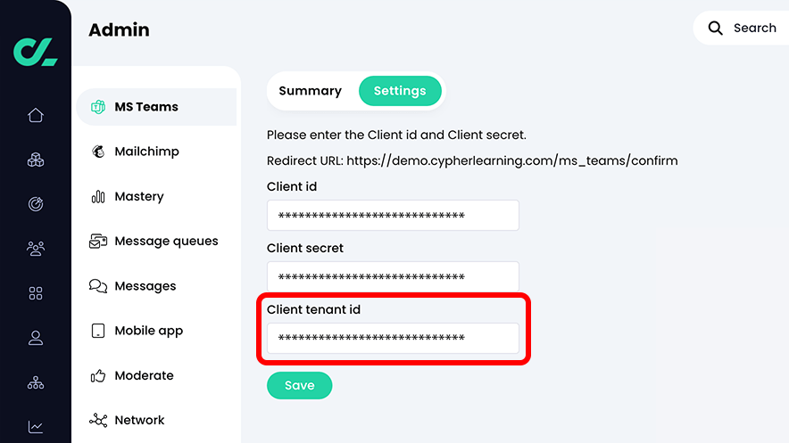 CYPHER platform, MS Teams, Settings tab with the Client tenant id entered and highlighted