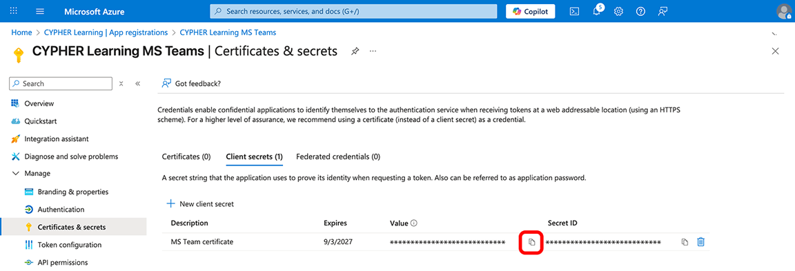 Azure portal, Certificates & secrets, Client secrets tab with the Copy icon highlighted next to the Value code