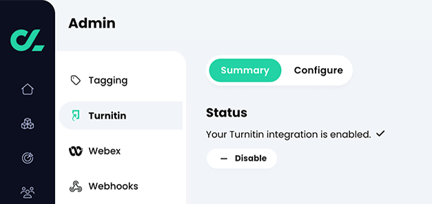 Admin, Turnitin, Summary tab with Turnitin enabled