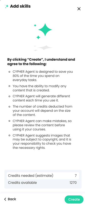 CYPHER Agent menu, Add skills disclaimer