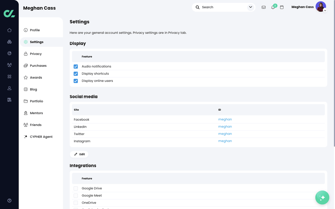 User profile Settings page