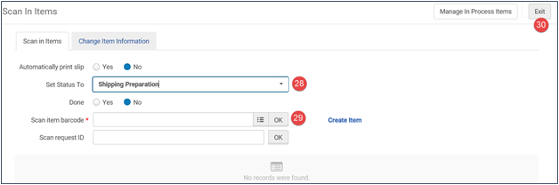 Screenshot showing that the set to status field has a drop down menu you can use and the scan item barcode is a required field.