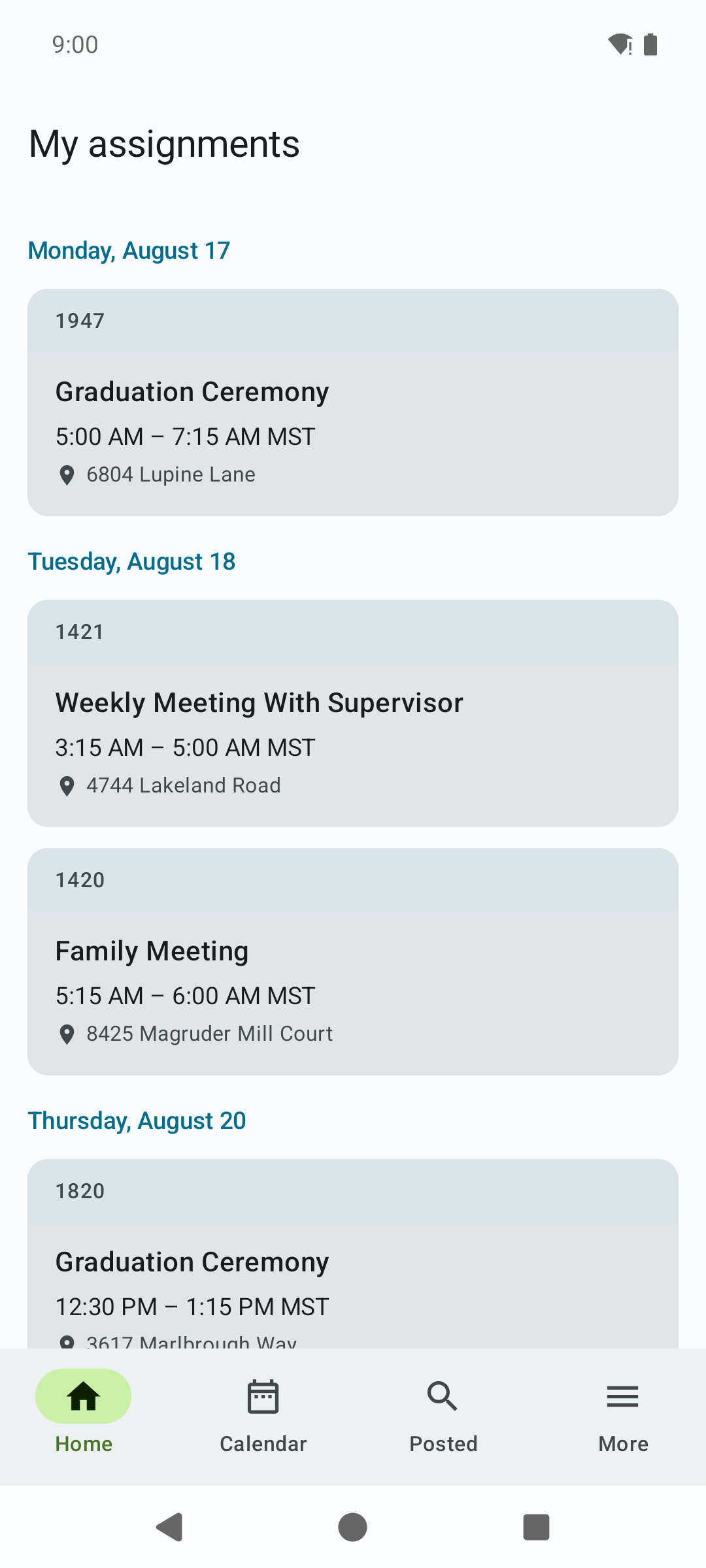 The provider Home tab titled My assignments, listing upcoming assignments grouped under day headers with times and locations, above bottom tabs Home, Calendar, Posted, and More.