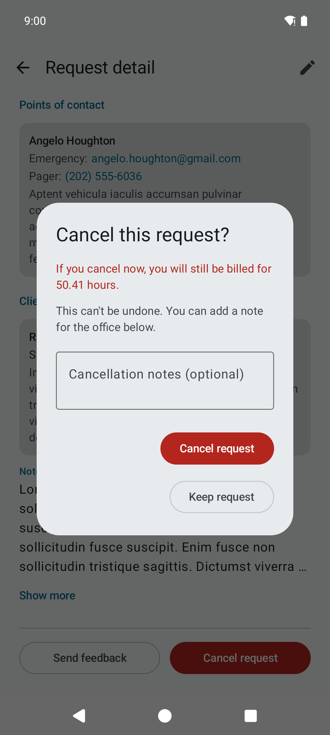 The cancel request dialog with a notice about hours that may still be billed and a text field for the cancellation reason.