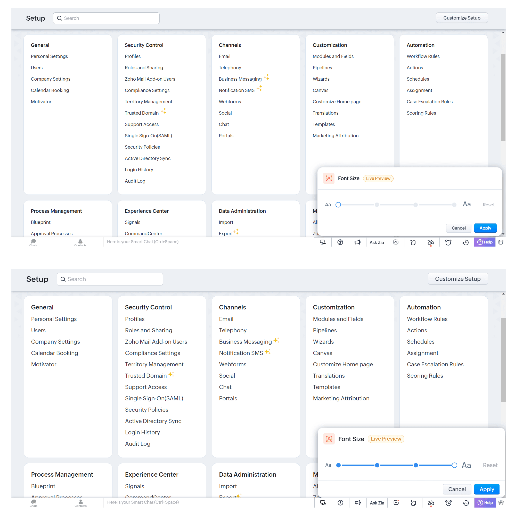 For example, you can enable live preview and navigate to the setup page. Preview the different font sizes till you find one that works for you.