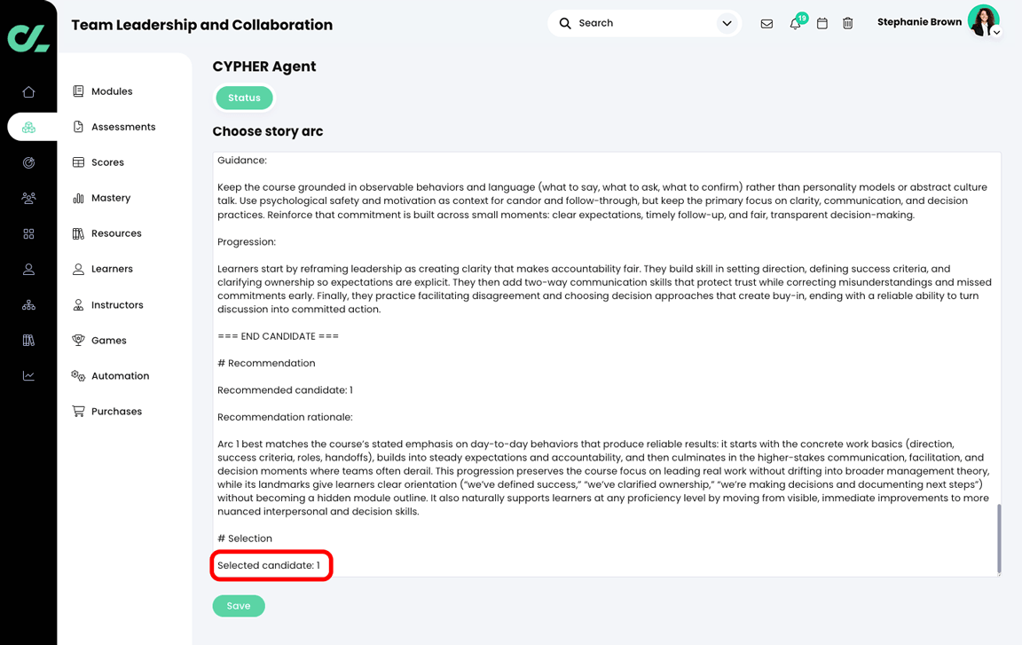 CYPHER Agent Choose story arc Markdown file in Edit mode, with the Selected candidate highlighted