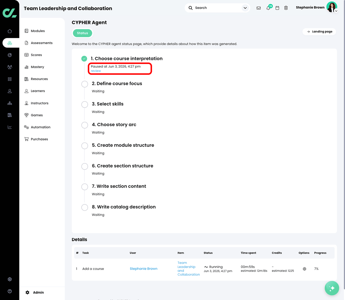 CYPHER Agent status page with the review button highlighted in the Choose course interpretation section