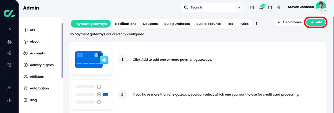 Admin, E-commerce, Payment gateways page with the Add button highlighted