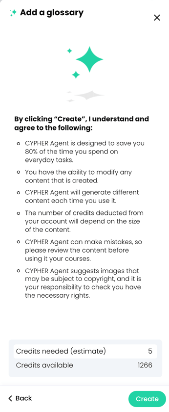 CYPHER Agent menu, Add a glossary disclaimer