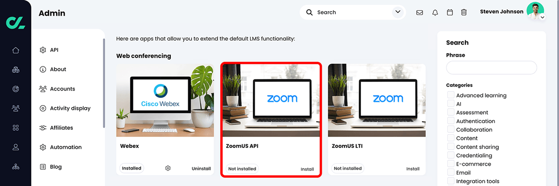 Admin, App center with the ZoomUS API app highlighted