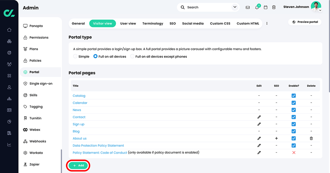 Admin, Portal, Visitor view tab with the Add button highlighted in the Portal pages section