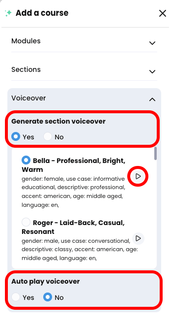 CYPHER Agent menu, Voiceover tab with the Generate section voiceover section, play button, and Auto play voiceover section highlighted