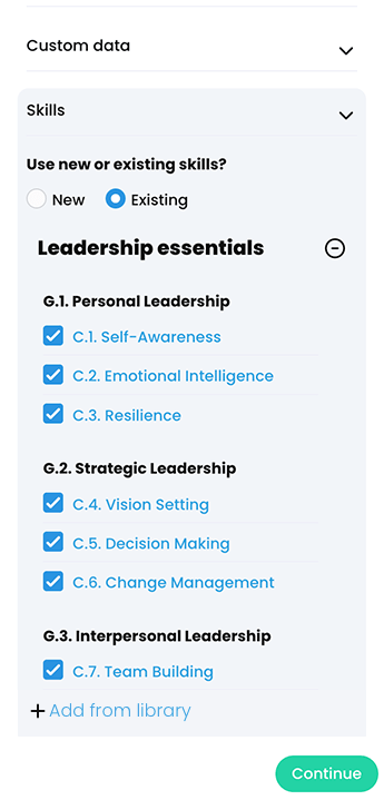 CYPHER Agent menu, Skills section with Leadership essentials skills selected