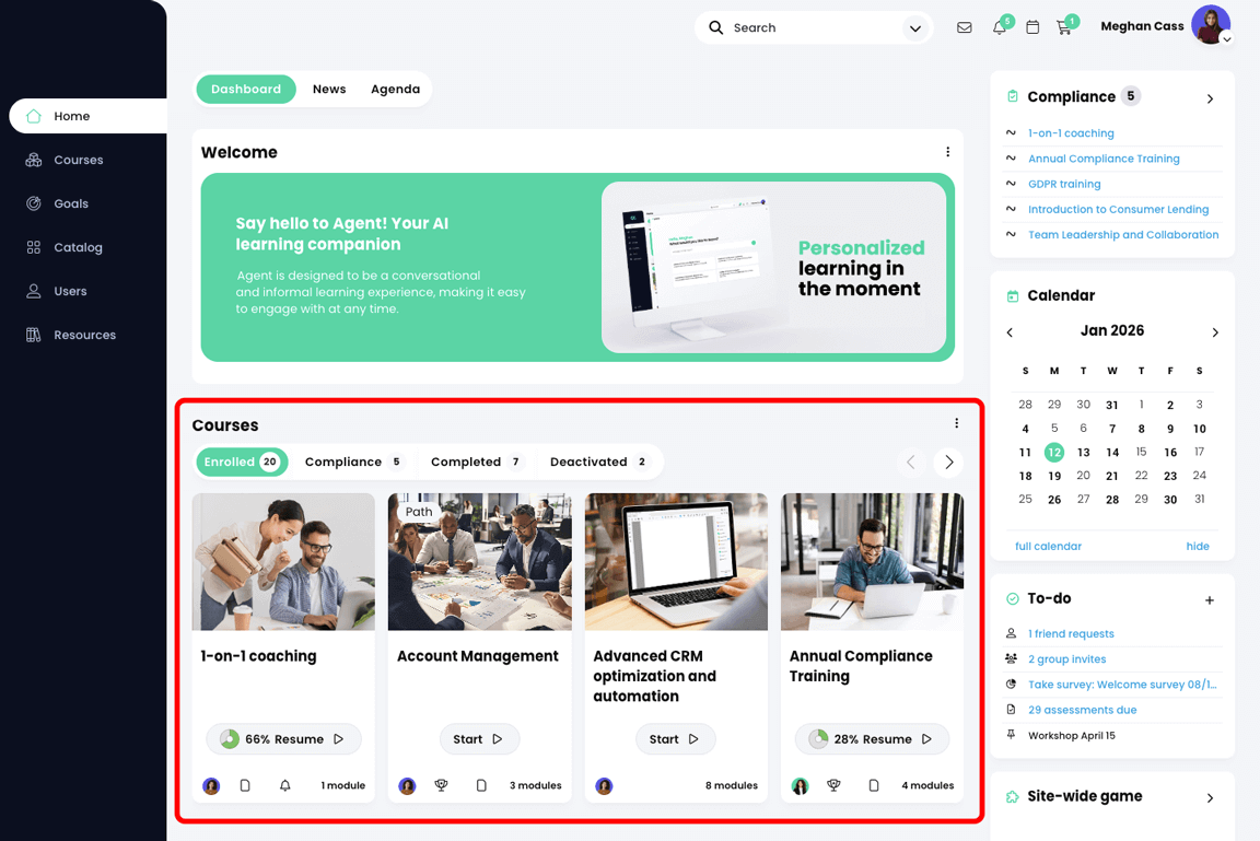 Learner home dashboard, with the Courses widget highlighted