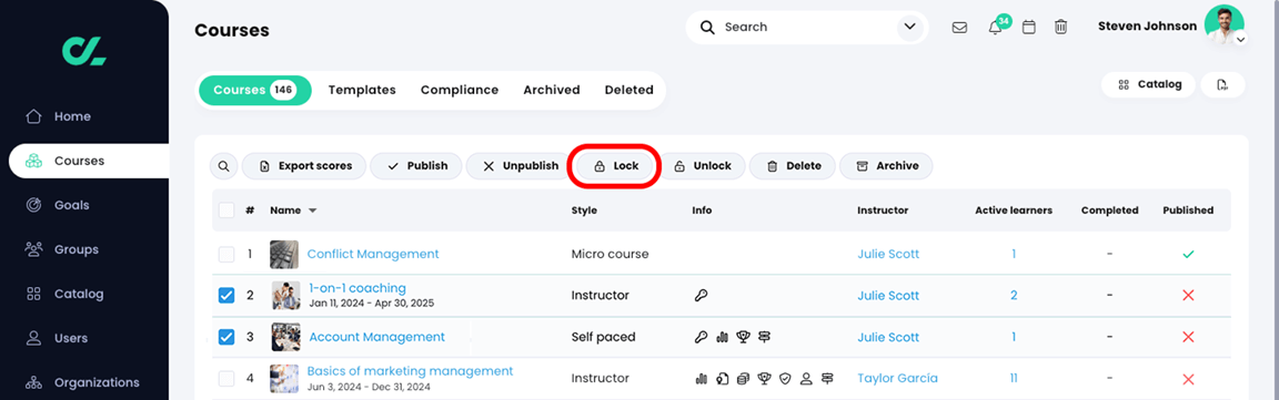 Courses, Courses list with two courses selected and the Lock button highlighted
