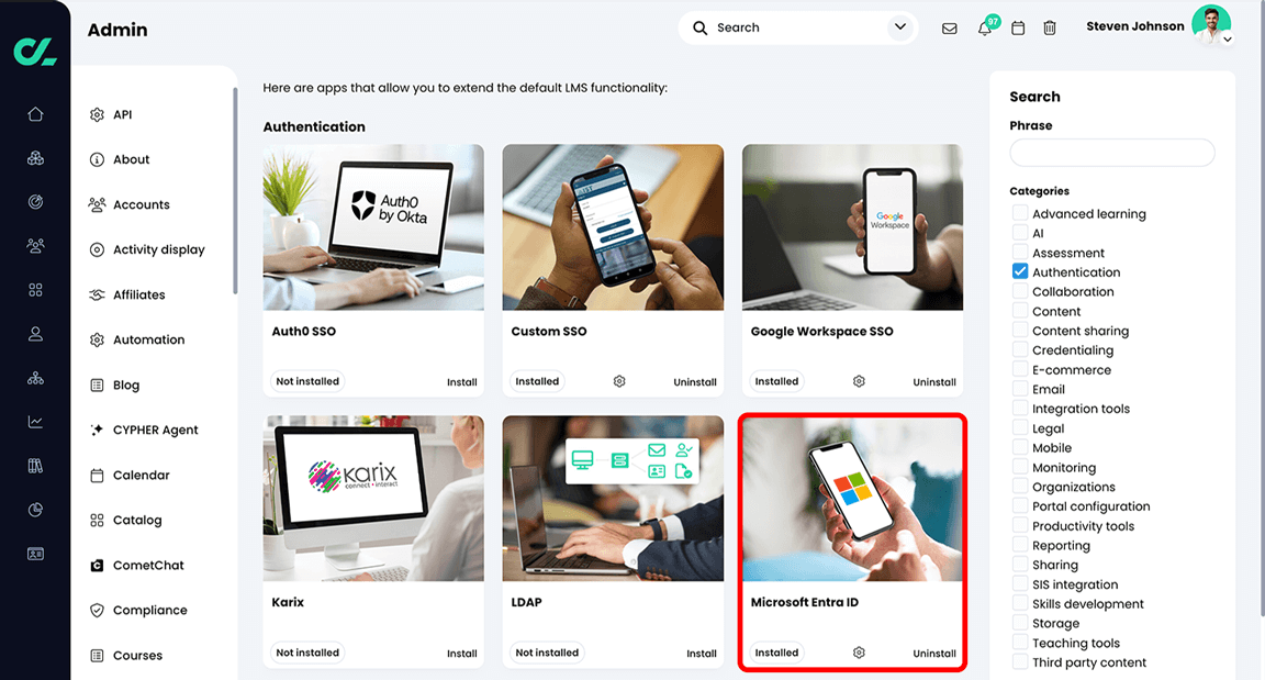 Admin, App center, Authentication section with the Microsoft Entra ID app highlighted