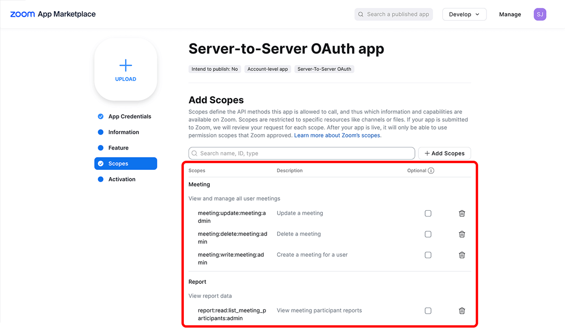 Zoom app marketplace, new server-to-server OAuth app, Scopes tab with four scopes added