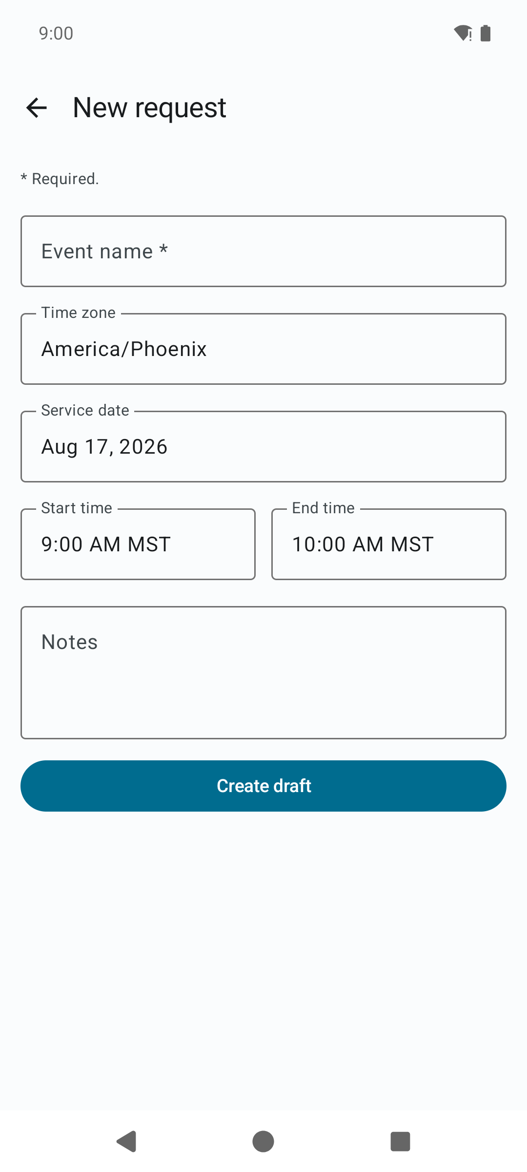 The New request quick form with Event name, Time zone, Service date, and Start and End time fields and a Create draft button.