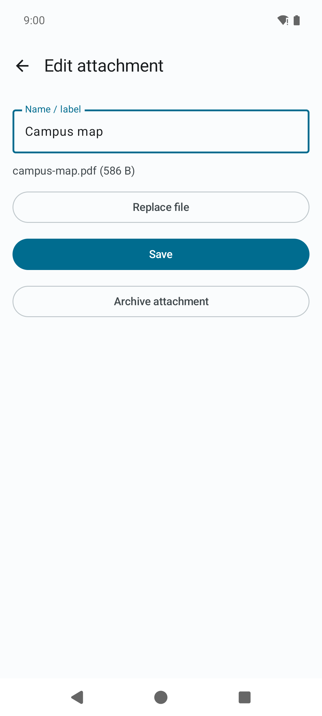 The file attachment editor showing the attachment name, a Replace file button with the file's size, and an Archive attachment action.