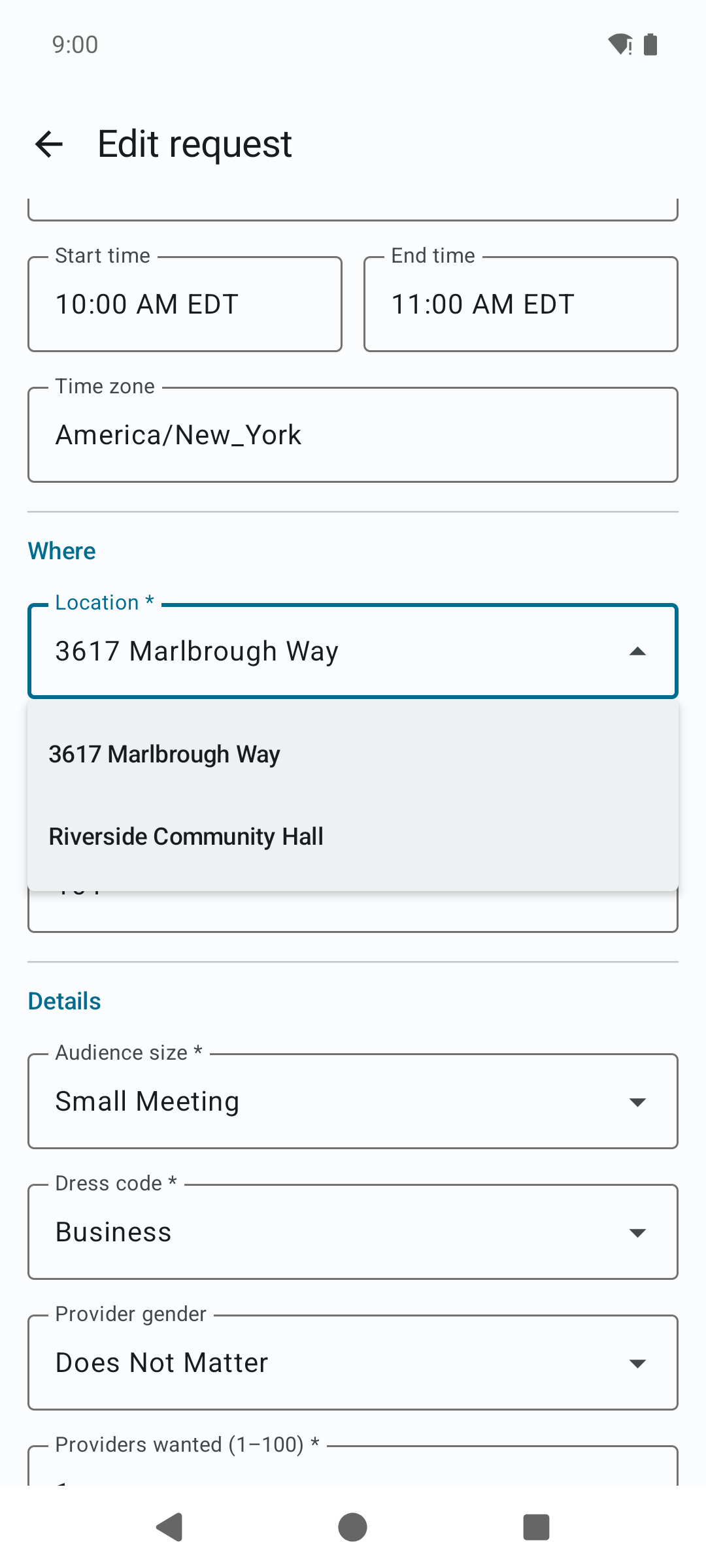 The Where section of the request form with the Location dropdown open, listing saved locations and a New location option.