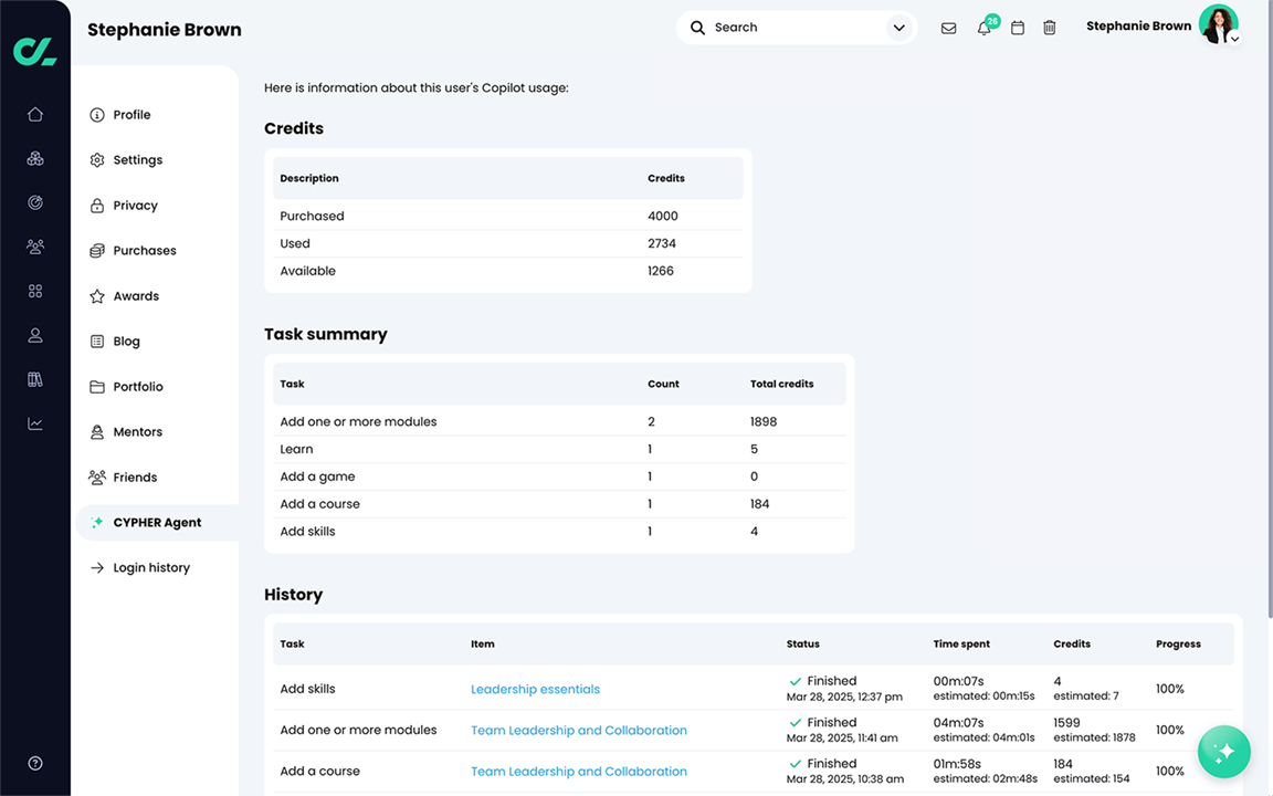 Profile page, CYPHER Agent page