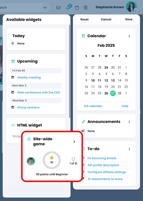 Edit right panel screen with the Site-wide game widget highlighted and being moved to the right panel