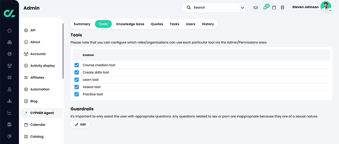 Admin, CYPHER Agent, Tools tab with all tools enabled