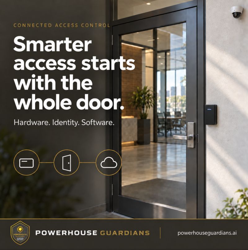 PGC access-control illustration showing a commercial door, card reader, and security camera