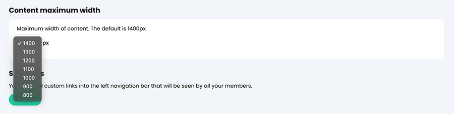 Admin, Portal, User view tab, Content maximum width section with the maximum width menu active