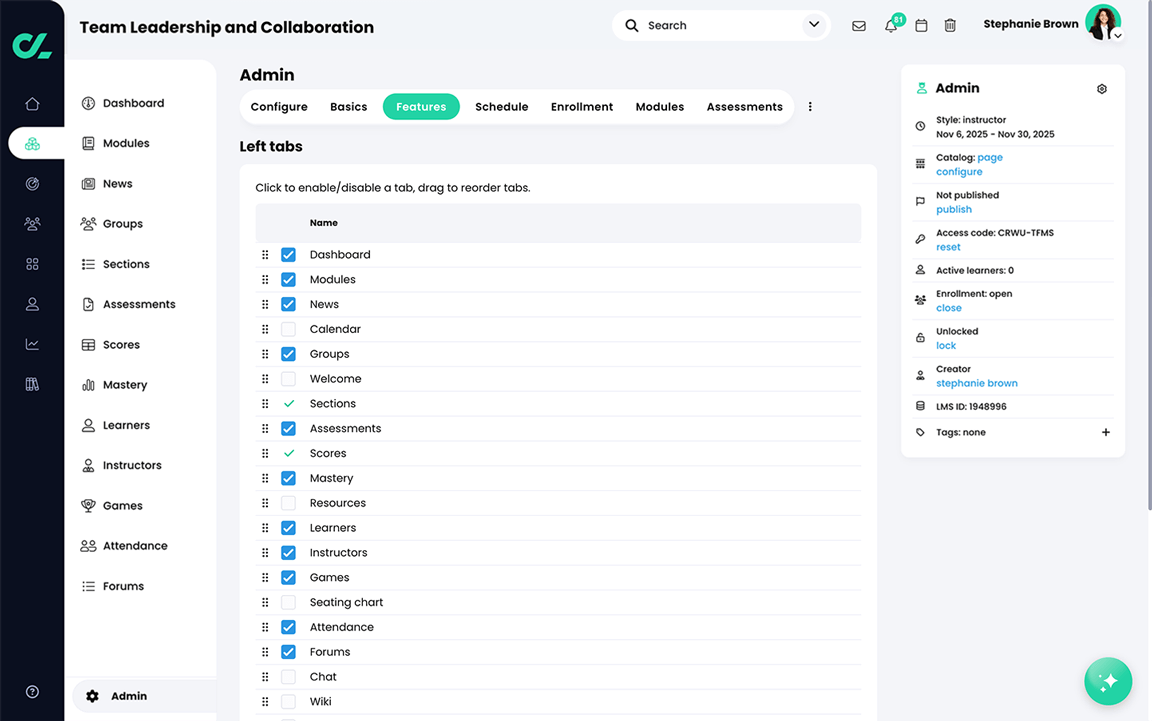 Course, Admin, Features tab
