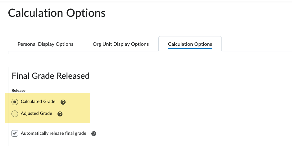 calculation options final grade released