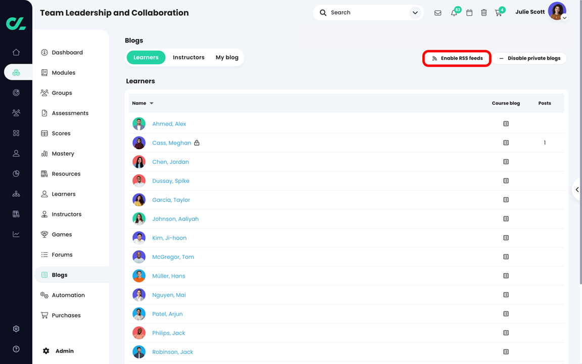 Course, Blogs, Learners page highlighting the Enable RSS feeds button