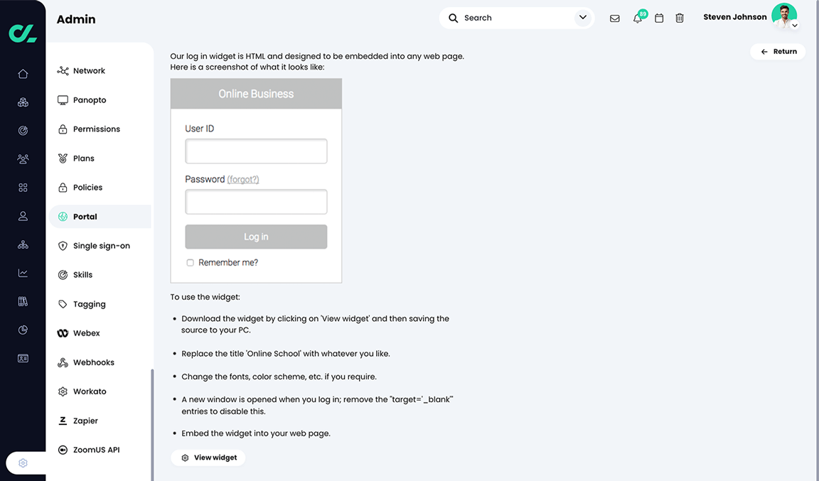 Admin, Portal, Log in widget page with example and instructions