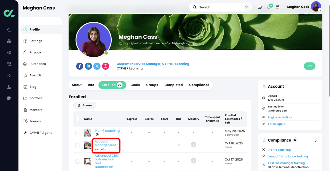 Learner profile page, Enrolled tab with a course and course credits highlighted