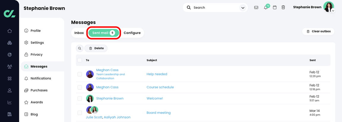 Profile, Messages, Sent mail tab with the Sent mail tab highlighted