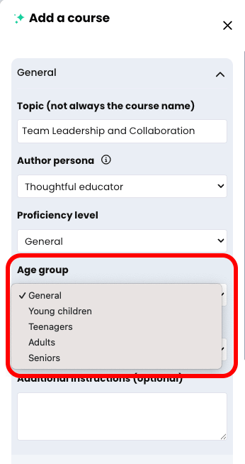 CYPHER Agent menu, General tab with the Age group drop-down menu active and highlighted