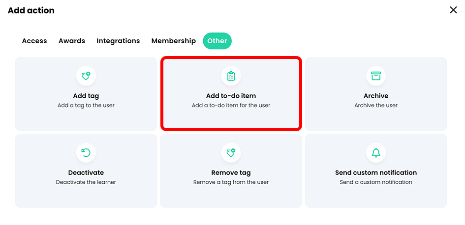 Add action, Other tab with the Add to-do item button highlighted