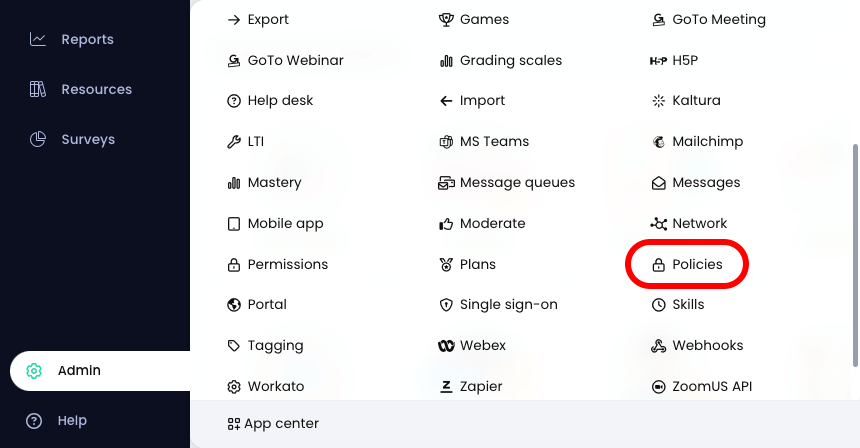 Admin fly-out menu with Policies highlighted