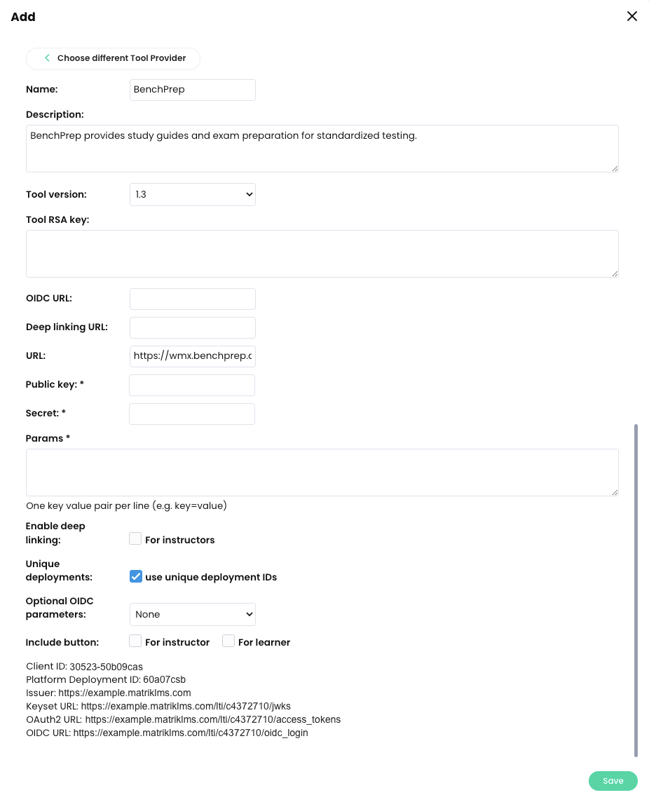 Add pop-up for LTI tool provider with example fields completed for a LTI 1.3 tool