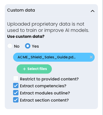 CYPHER Agent menu, Custom data tab with a file uploaded