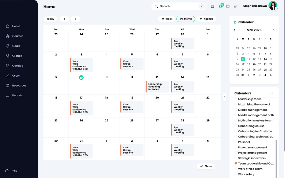 Monthly view of the main calendar, only showing events from one of the courses