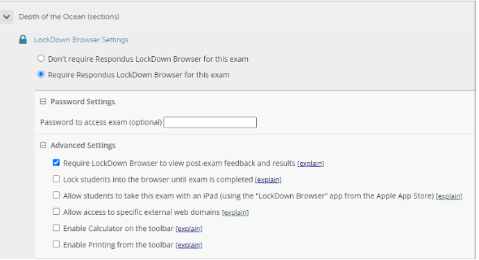 Lockdown Browser exam settings