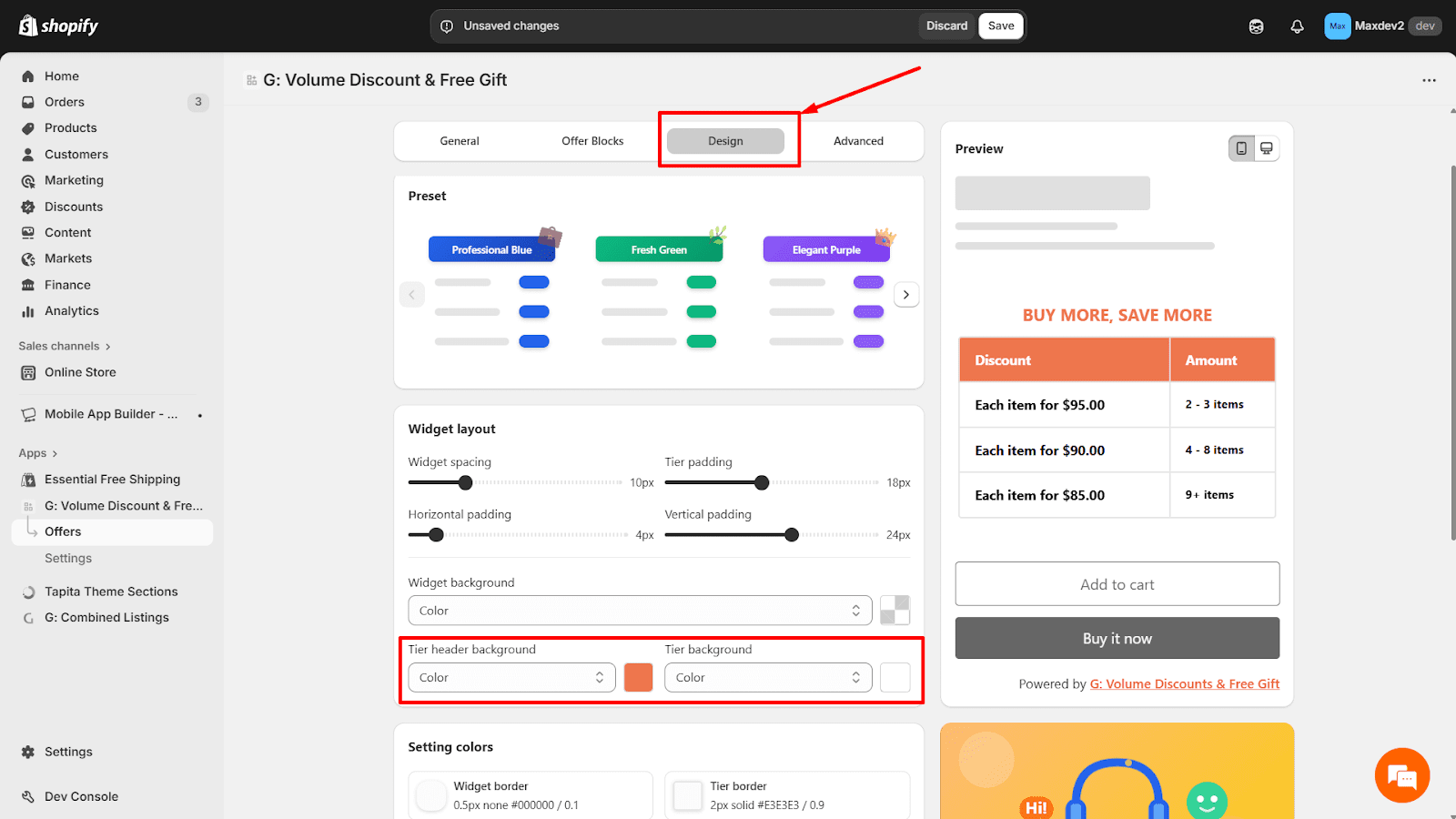 Table Layout Discount Widget
