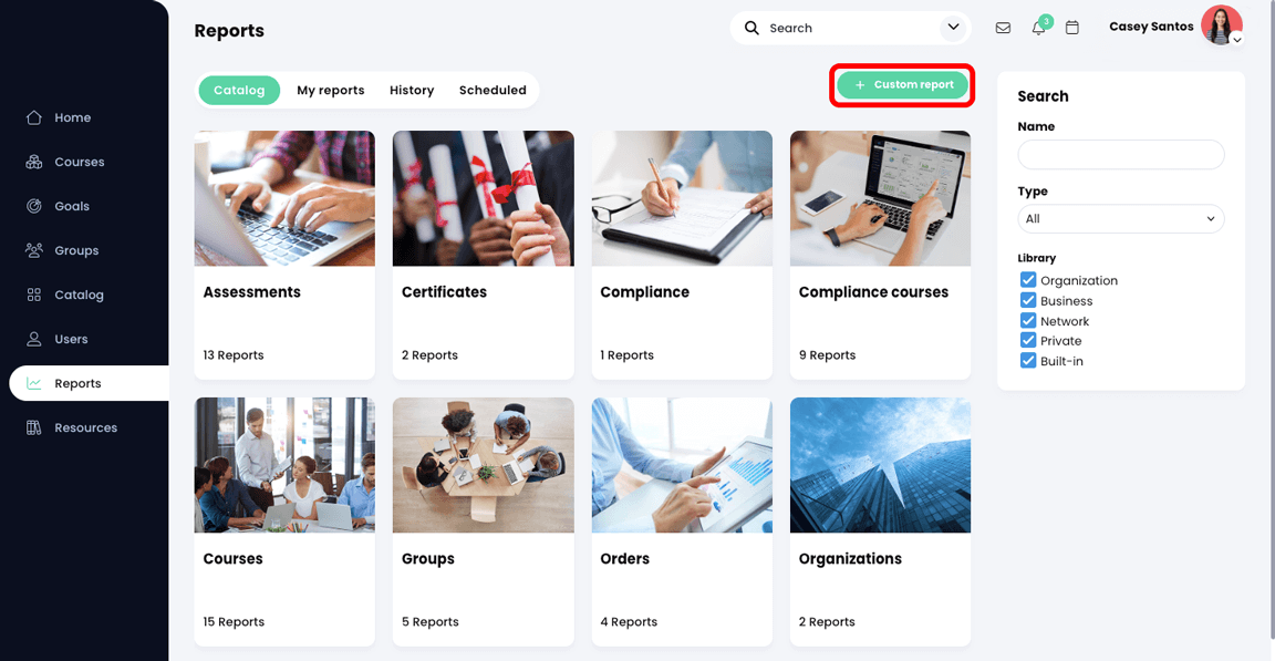 Jelentések, Katalógus fül, kiemelve az Egyéni jelentés gombbal