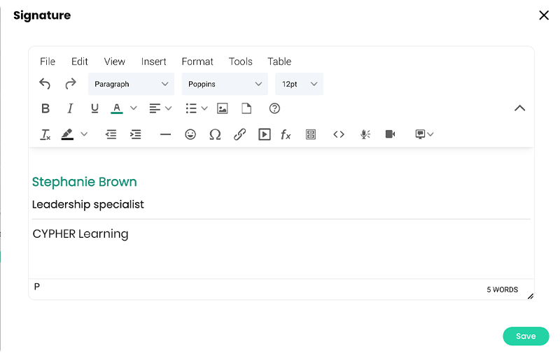 Signature pop-up, showing a new signature