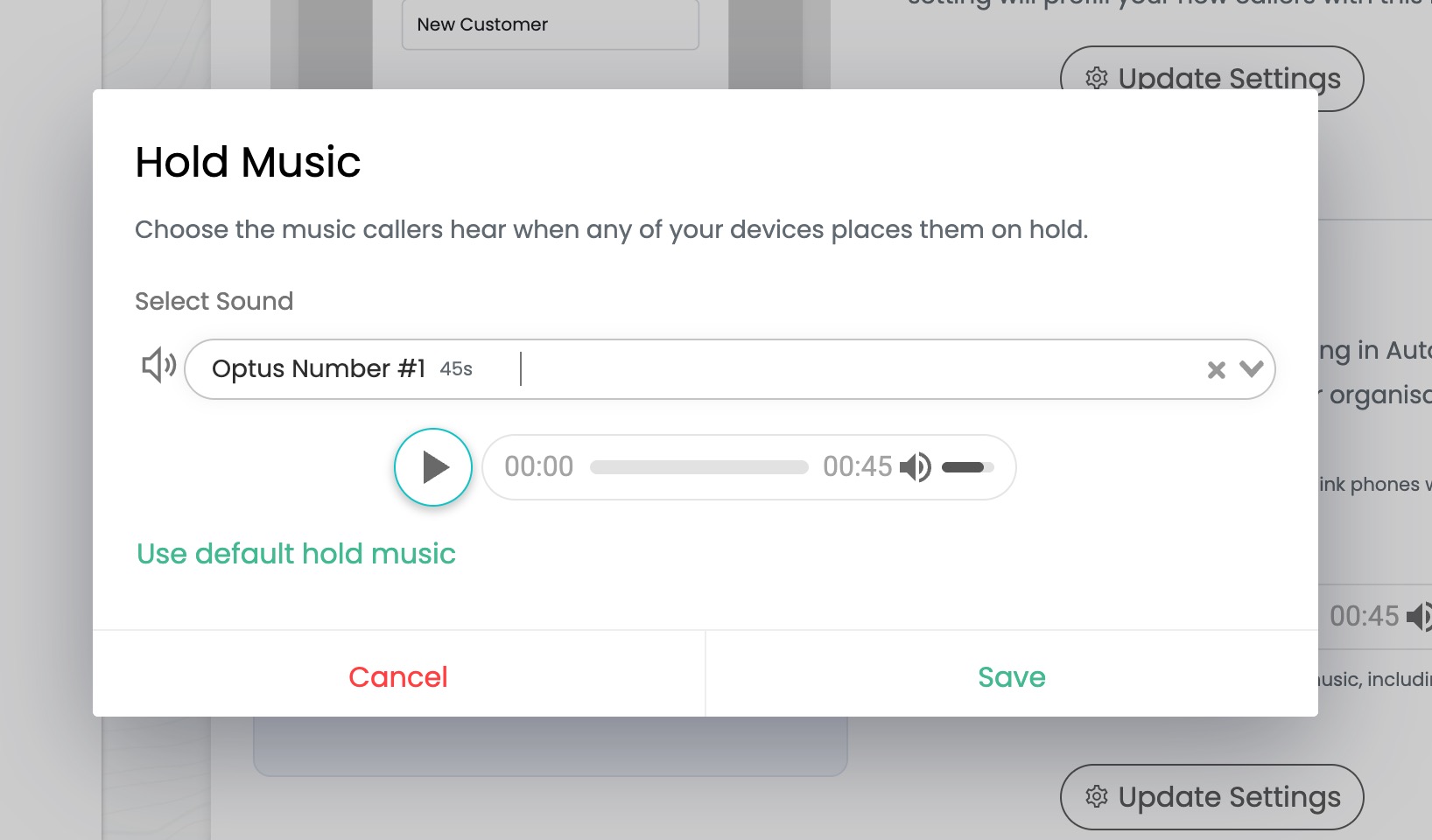 Hold Music popup with the Select Sound selector, audio preview, Use default hold music option and Save button